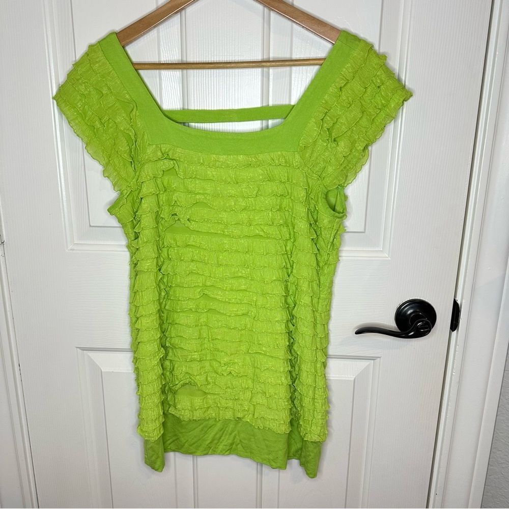 Y2K J.T.B. Green Squareneck Ruffled Blouse Sz L Festival 2000s Baddie Lagonlook